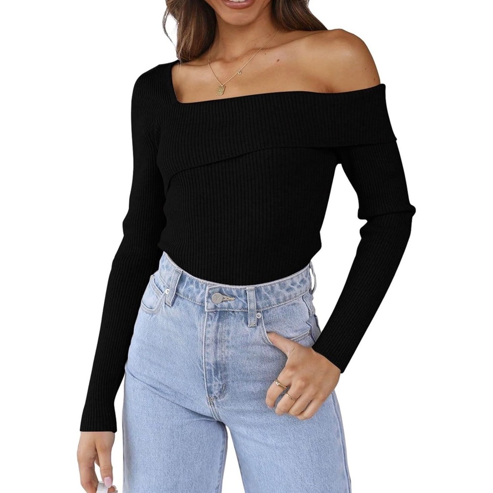 LILLUSORY Womens Off The Shoulder Sweater Asymmetrical Knit Pullover Black SZ M